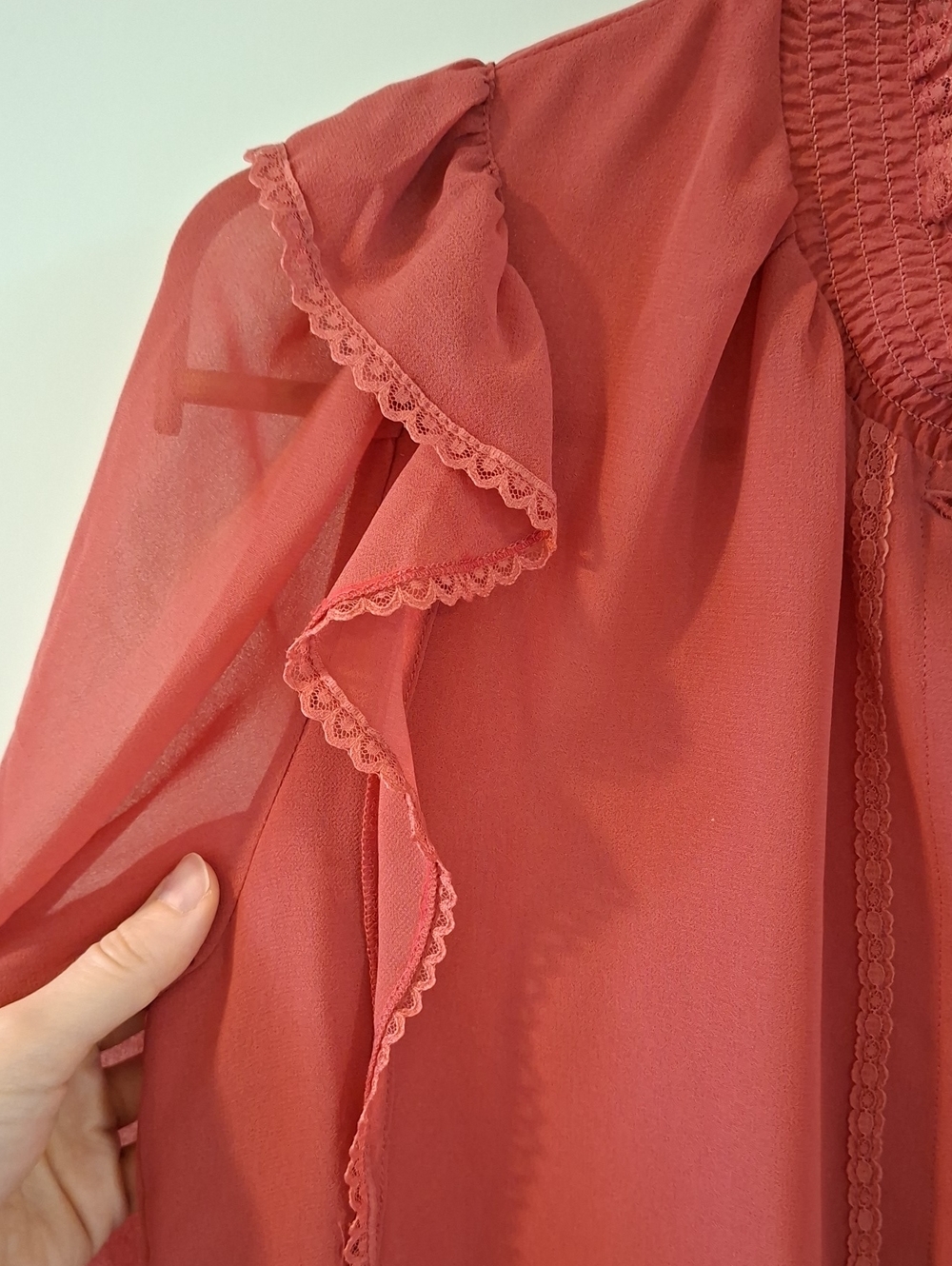 Wilfred Sheer Flowy "Tilda" Coral Ruffle-Trim Button Front Blouse (Size XS) - Picture 4 of 10